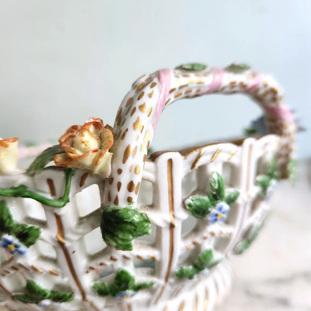 Vintage Dresden Floral Porcelain Basket‎ Reticulated Bowl Handles Cottage Decor